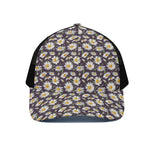 Watercolor White Daisy Pattern Print Black Mesh Trucker Cap