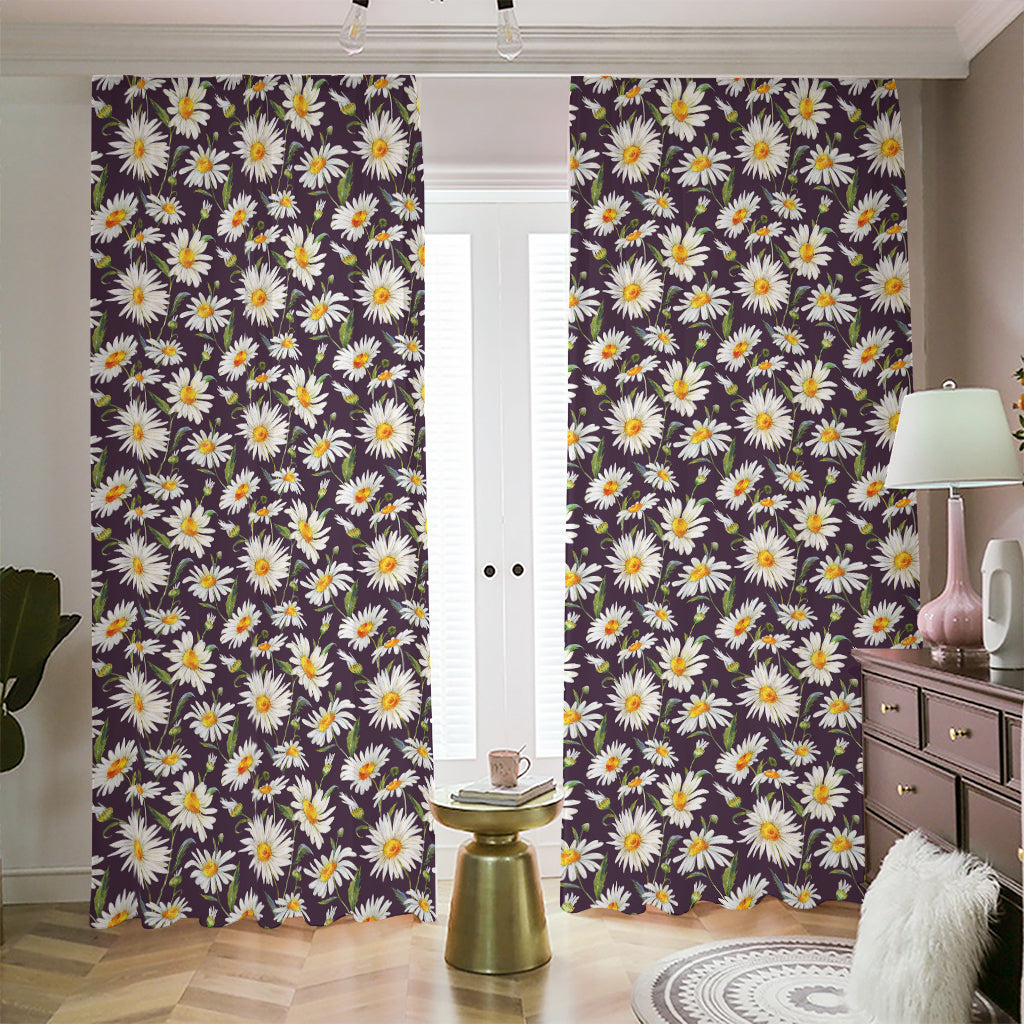 Watercolor White Daisy Pattern Print Blackout Pencil Pleat Curtains