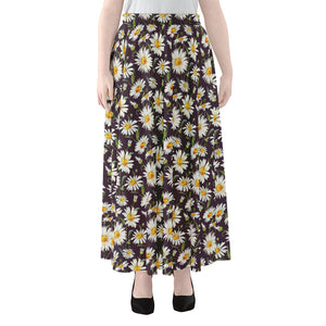 Watercolor White Daisy Pattern Print Chiffon Maxi Skirt