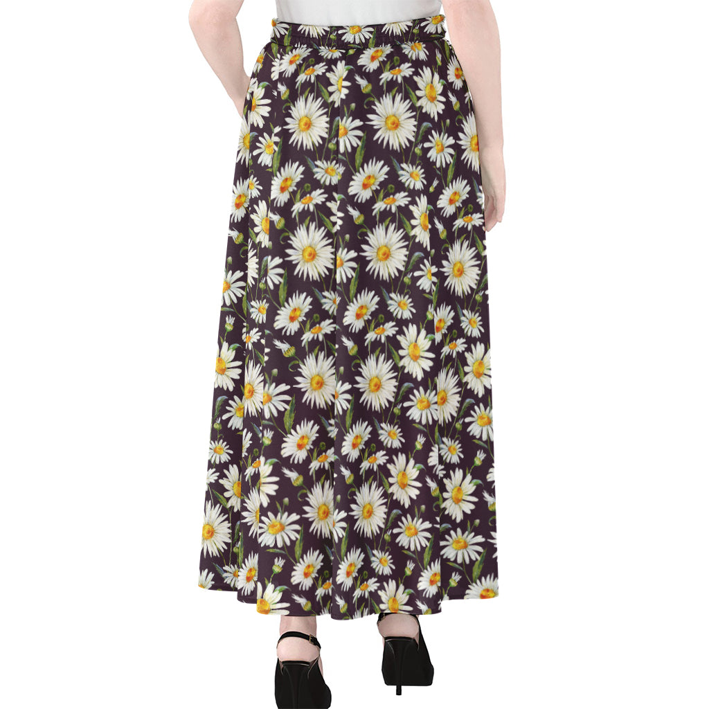 Watercolor White Daisy Pattern Print Chiffon Maxi Skirt