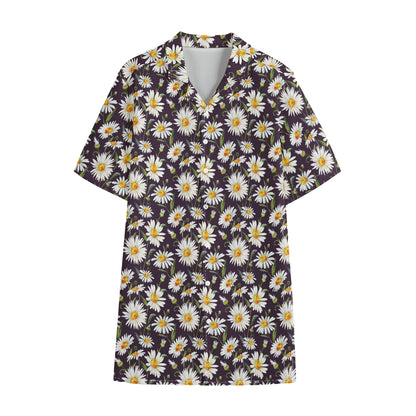 Watercolor White Daisy Pattern Print Cotton Hawaiian Shirt