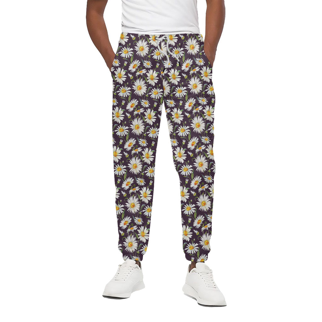 Watercolor White Daisy Pattern Print Cotton Pants