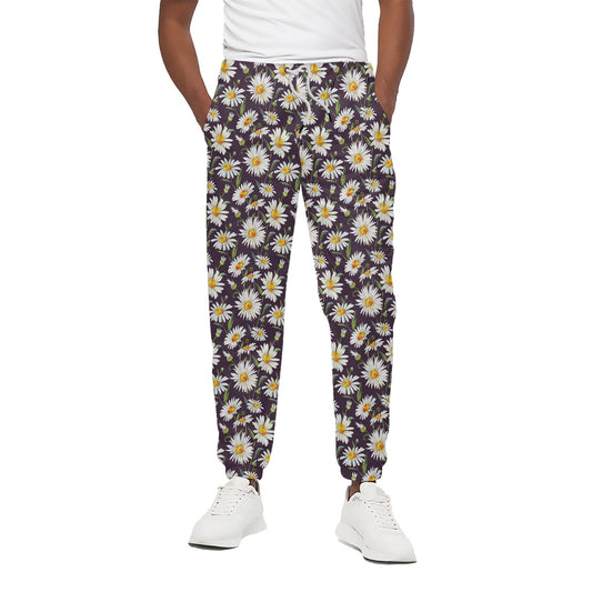 Watercolor White Daisy Pattern Print Cotton Pants