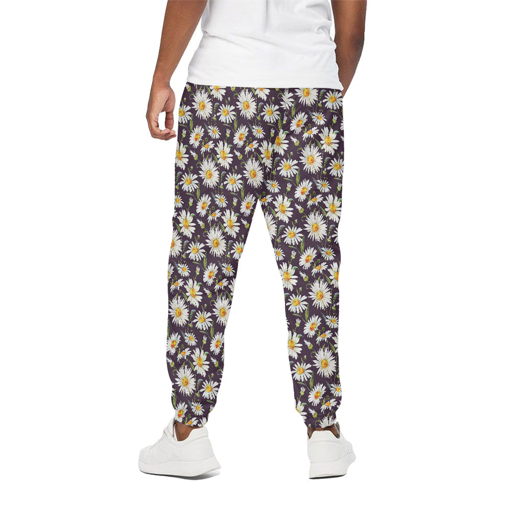 Watercolor White Daisy Pattern Print Cotton Pants