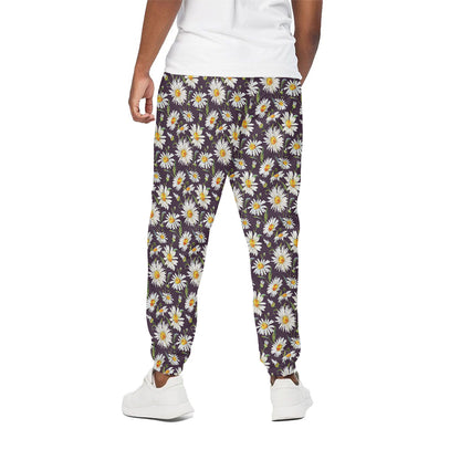 Watercolor White Daisy Pattern Print Cotton Pants