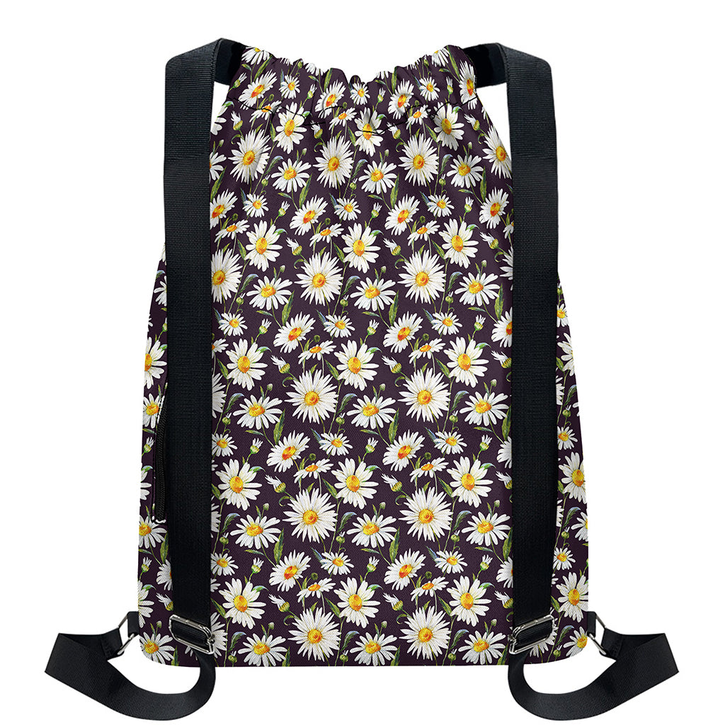 Watercolor White Daisy Pattern Print Drawstring Backpack