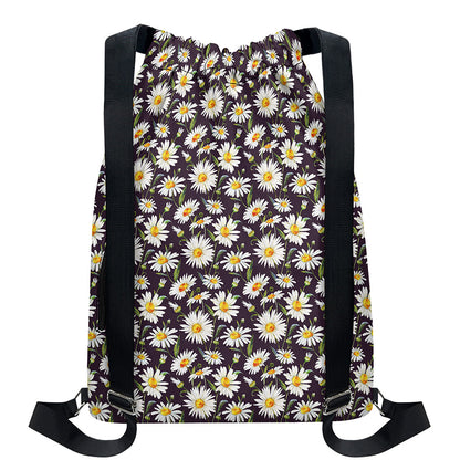 Watercolor White Daisy Pattern Print Drawstring Backpack