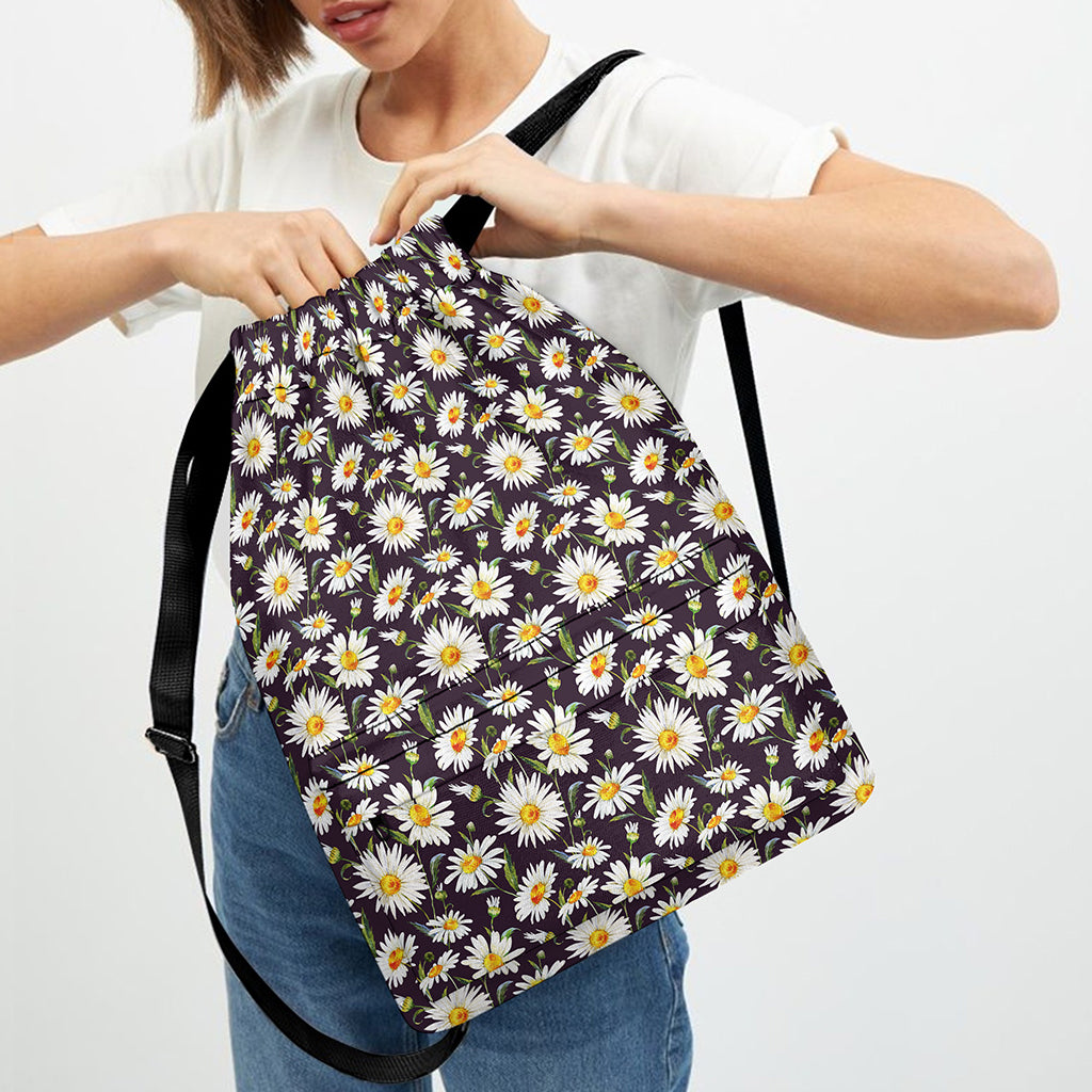 Watercolor White Daisy Pattern Print Drawstring Backpack