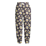 Watercolor White Daisy Pattern Print Fleece Lined Knit Pants
