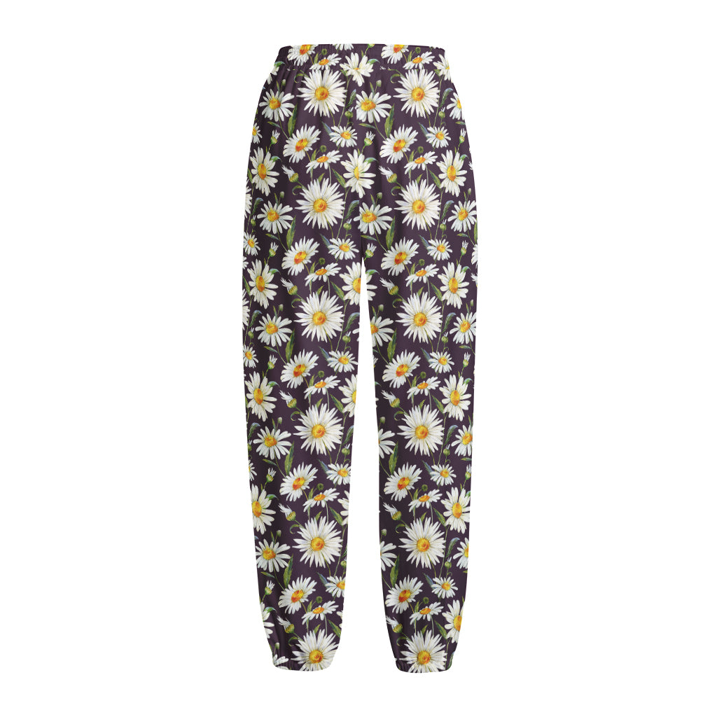 Watercolor White Daisy Pattern Print Fleece Lined Knit Pants