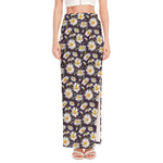 Watercolor White Daisy Pattern Print High Slit Maxi Skirt