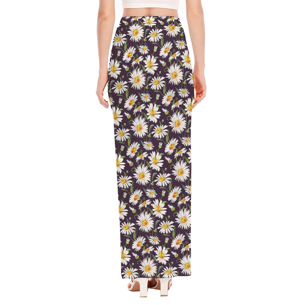 Watercolor White Daisy Pattern Print High Slit Maxi Skirt