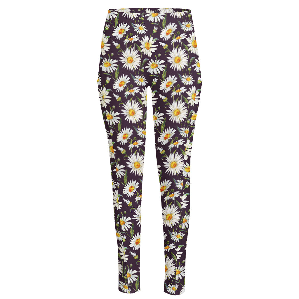 Watercolor White Daisy Pattern Print High-Waisted Pocket Leggings