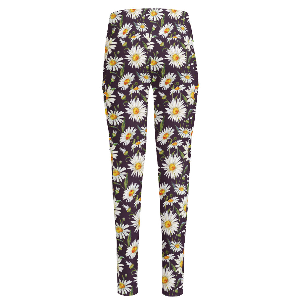 Watercolor White Daisy Pattern Print High-Waisted Pocket Leggings