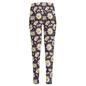 Watercolor White Daisy Pattern Print High-Waisted Pocket Leggings