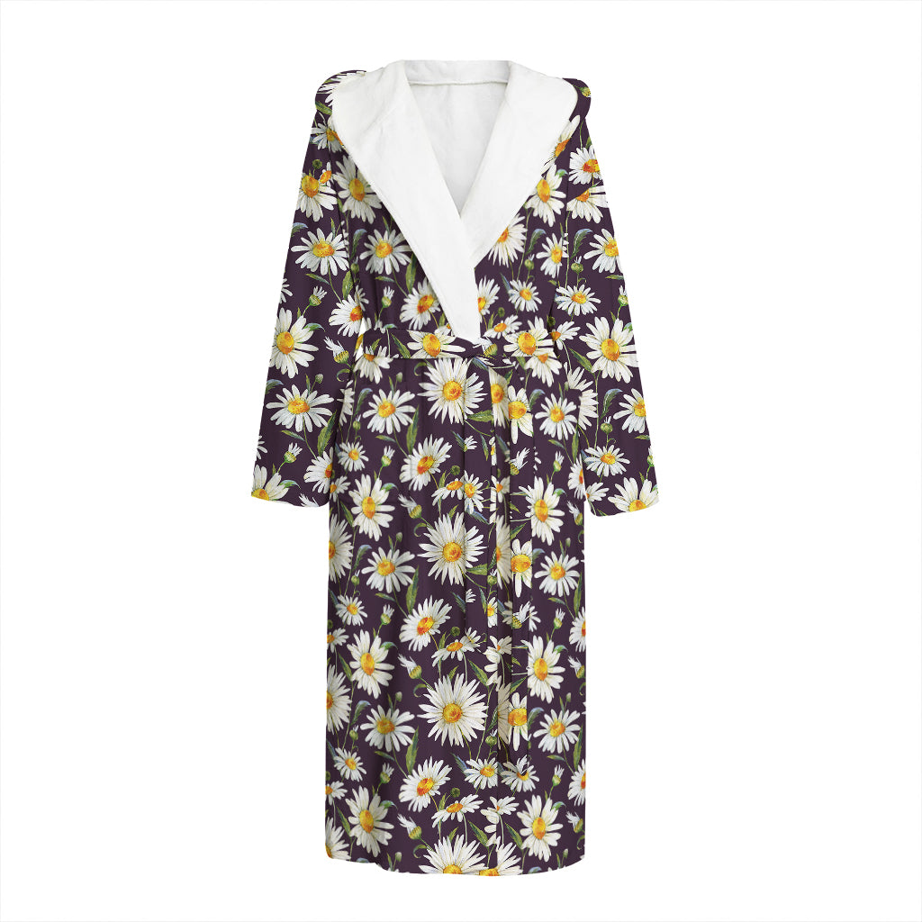 Watercolor White Daisy Pattern Print Hooded Bathrobe