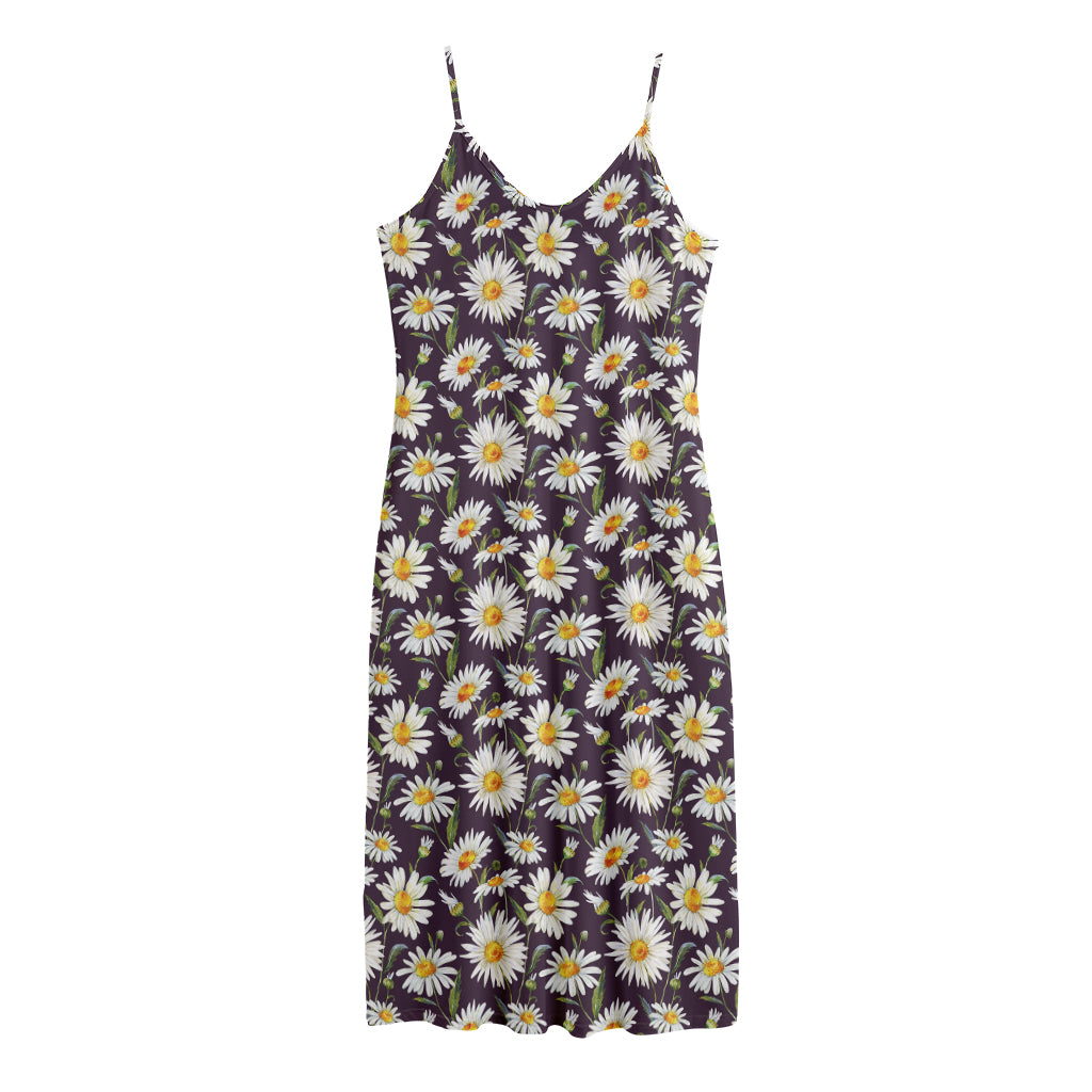 Watercolor White Daisy Pattern Print Jersey Midi Cami Dress