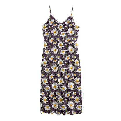 Watercolor White Daisy Pattern Print Jersey Midi Cami Dress