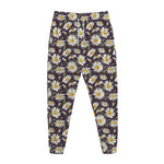 Watercolor White Daisy Pattern Print Jogger Pants