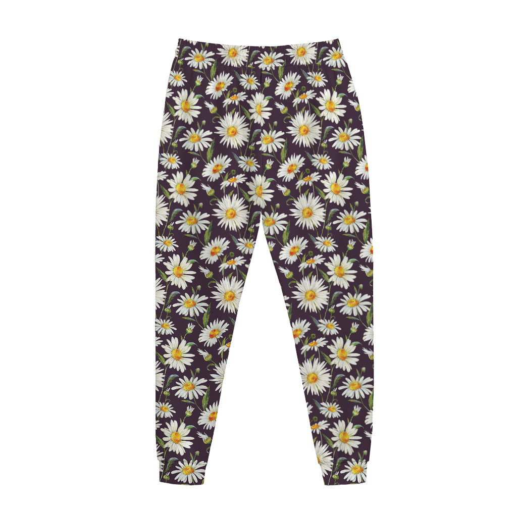 Watercolor White Daisy Pattern Print Jogger Pants