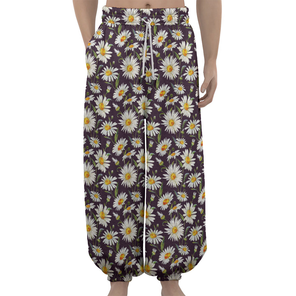 Watercolor White Daisy Pattern Print Lantern Pants
