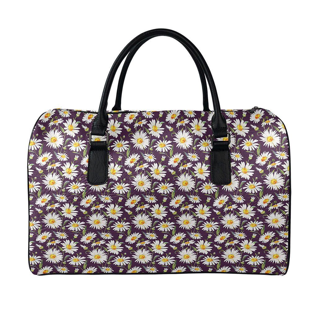 Watercolor White Daisy Pattern Print Leather Duffle Bag
