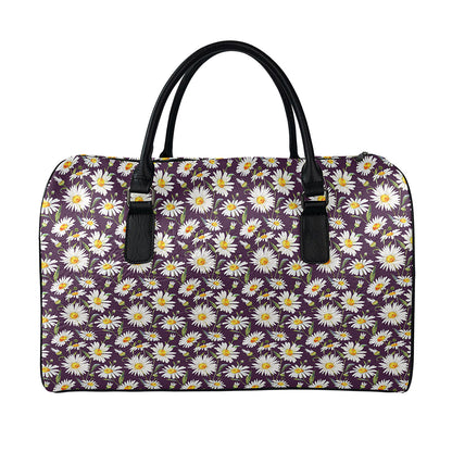 Watercolor White Daisy Pattern Print Leather Duffle Bag