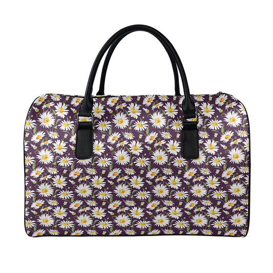 Watercolor White Daisy Pattern Print Leather Duffle Bag