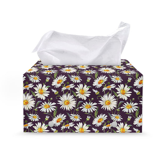 Watercolor White Daisy Pattern Print Leather Tissue Box Cover