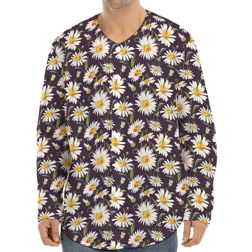 Watercolor White Daisy Pattern Print Long Sleeve Baseball Jersey