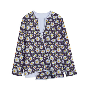 Watercolor White Daisy Pattern Print Long Sleeve Short Coat