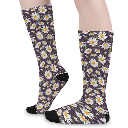 Watercolor White Daisy Pattern Print Long Socks