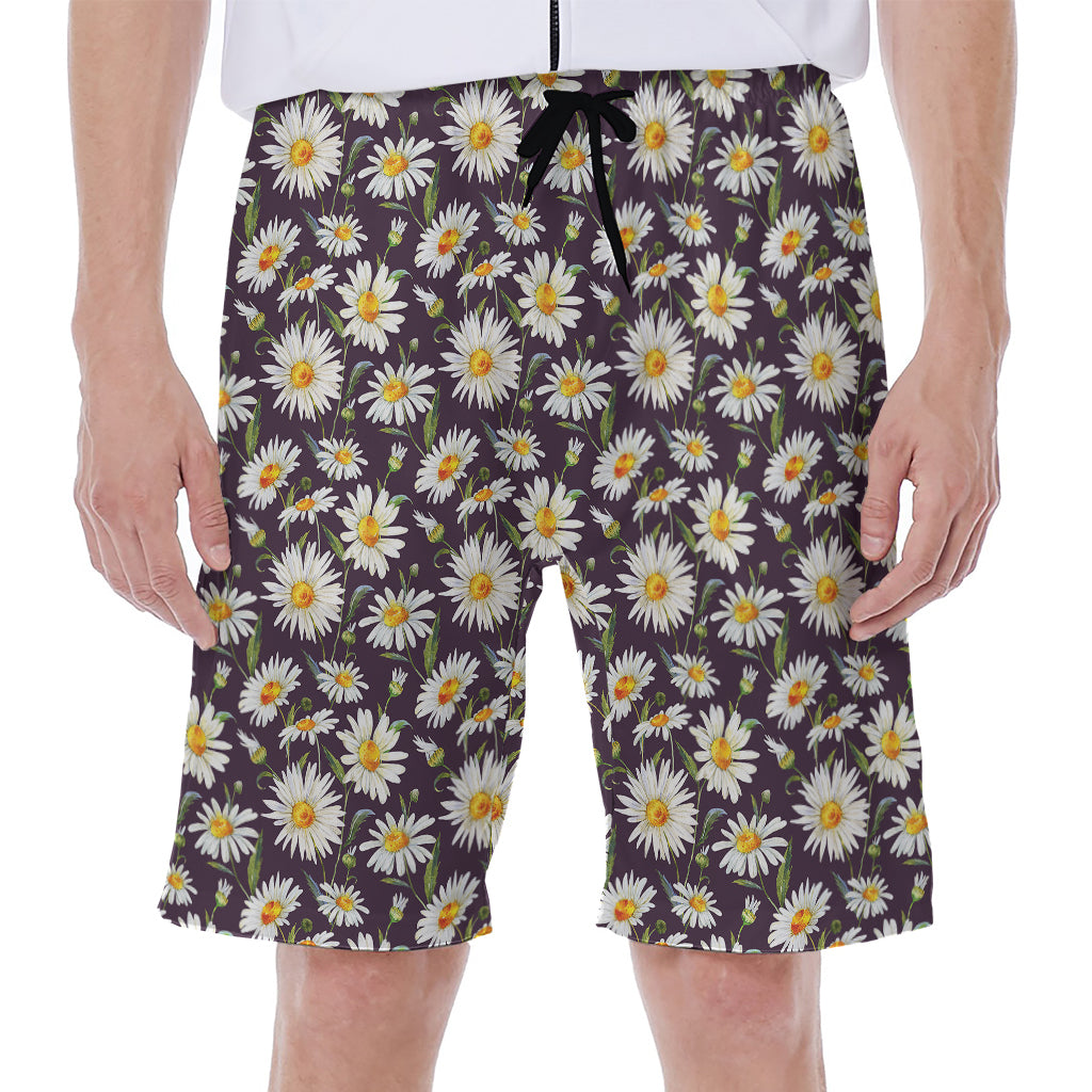 Watercolor White Daisy Pattern Print Men's Beach Shorts