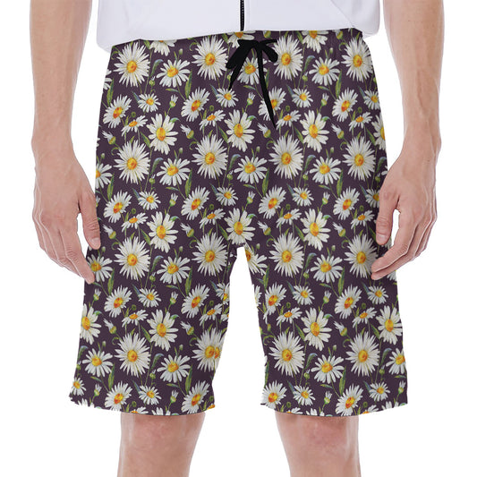Watercolor White Daisy Pattern Print Men's Beach Shorts