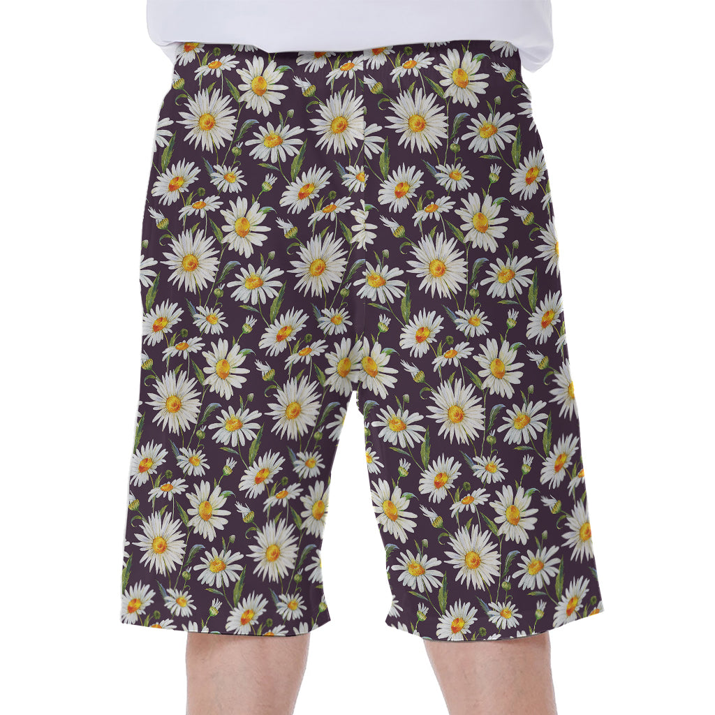 Watercolor White Daisy Pattern Print Men's Beach Shorts