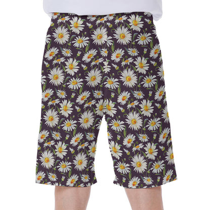 Watercolor White Daisy Pattern Print Men's Beach Shorts