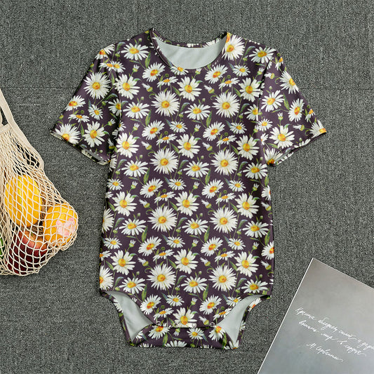 Watercolor White Daisy Pattern Print Men's Bodysuit