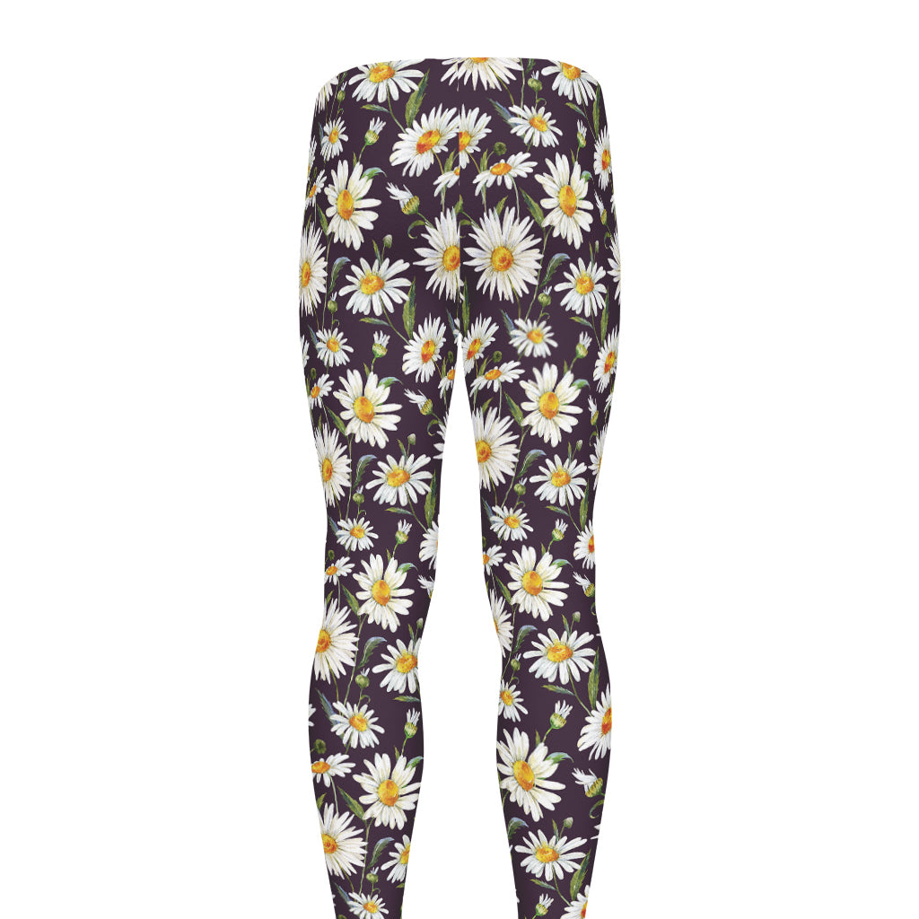Watercolor White Daisy Pattern Print Men's leggings