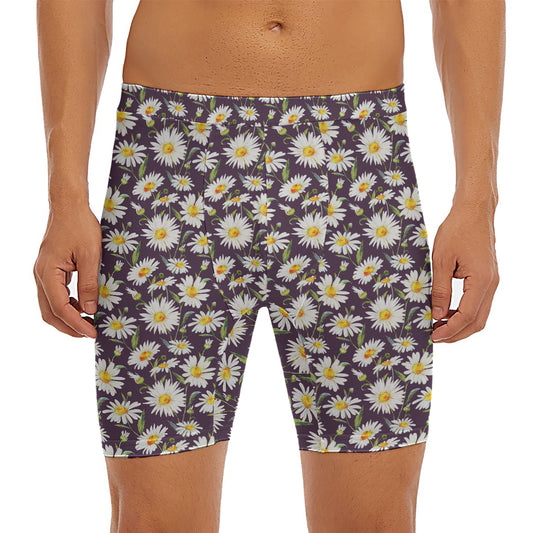 Watercolor White Daisy Pattern Print Men's Long Boxer Briefs