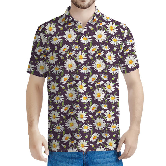 Watercolor White Daisy Pattern Print Men's Polo Shirt