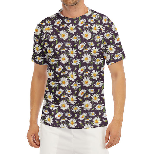 Watercolor White Daisy Pattern Print Men's Short Sleeve Rash Guard