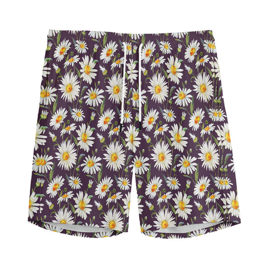 Watercolor White Daisy Pattern Print Men's Sports Shorts