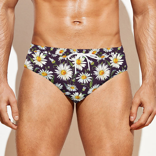 Watercolor White Daisy Pattern Print Men's Swim Briefs