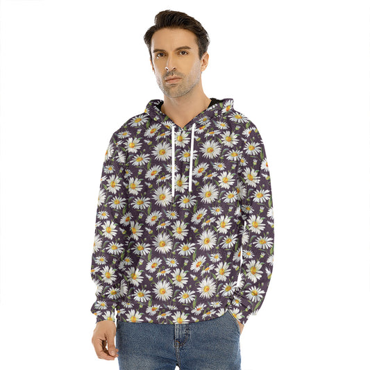 Watercolor White Daisy Pattern Print Men's Velvet Pullover Hoodie