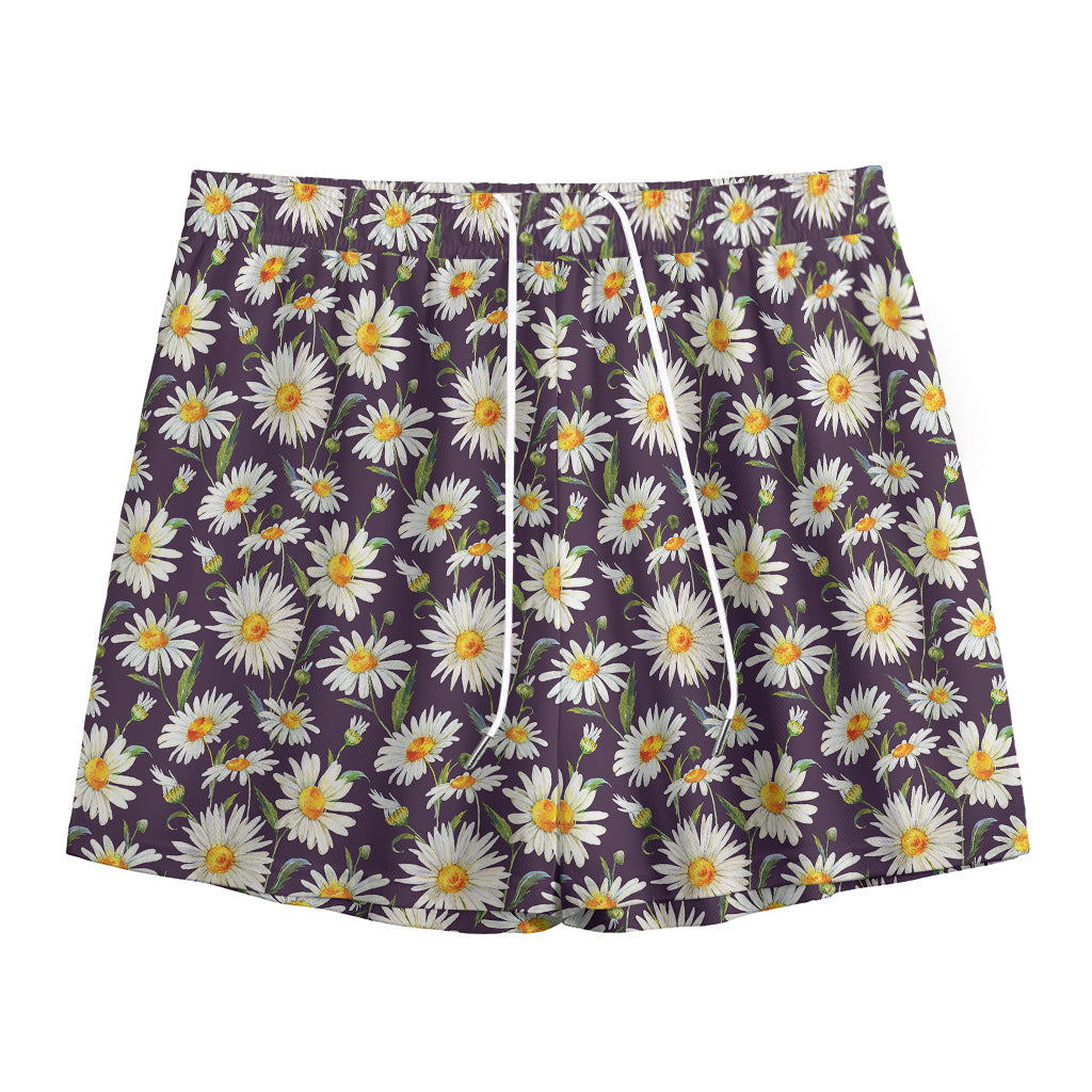 Watercolor White Daisy Pattern Print Mesh Shorts