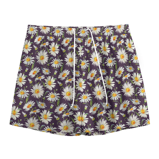 Watercolor White Daisy Pattern Print Mesh Shorts