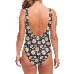 Watercolor White Daisy Pattern Print One Piece Swimsuit