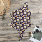 Watercolor White Daisy Pattern Print One Shoulder Bodysuit