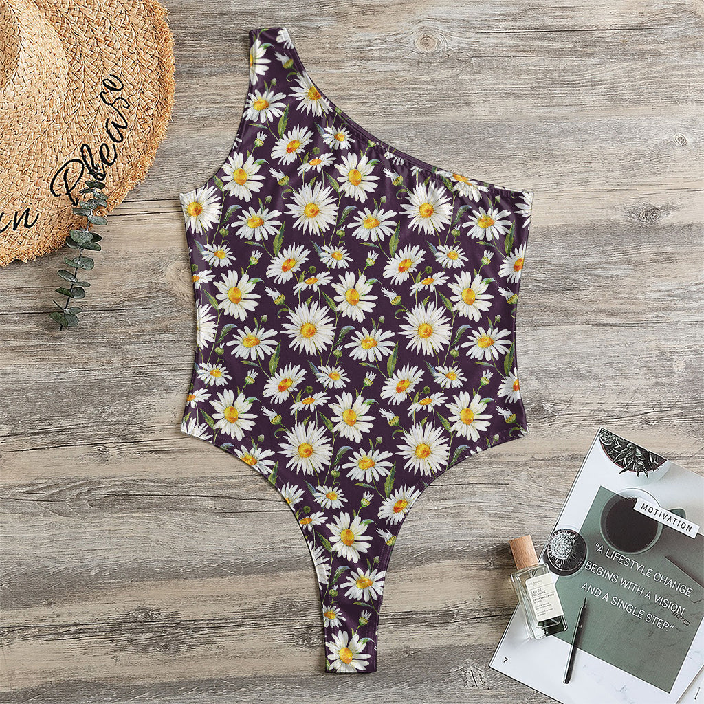 Watercolor White Daisy Pattern Print One Shoulder Bodysuit