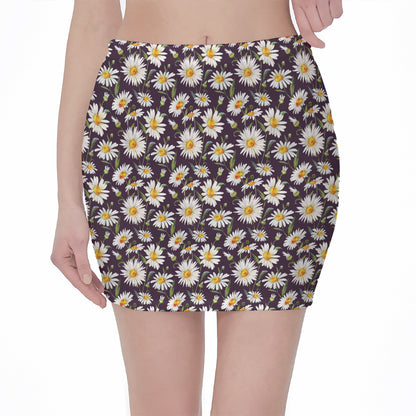 Watercolor White Daisy Pattern Print Pencil Mini Skirt